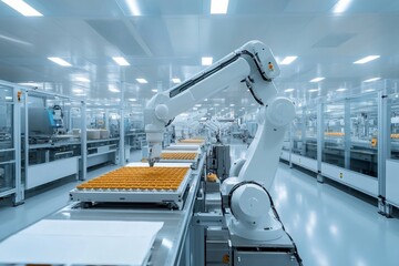 Fototapete - Robotic arms working on assembly line in pharmaceutical factory