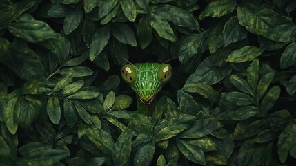 Green Praying Mantis Camouflaged Among Lush Leaves Peeking from Foliage in Nature