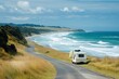 © Lubos Chlubny - Campervan traveling along scenic coastal road in Tasmania, Australia, carrying surfboards for surfing adventure
