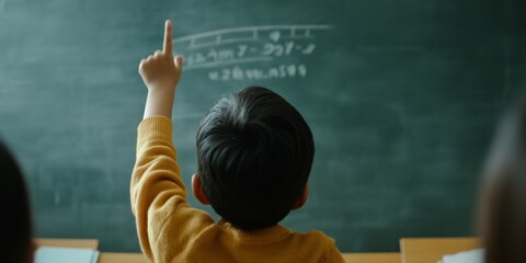 Aufkleber - Interactive STEM Learning Child in Yellow Sweater Solving Equations on Green Chalkboard Modern Educational Methods for Engaged Classroom Dynamics