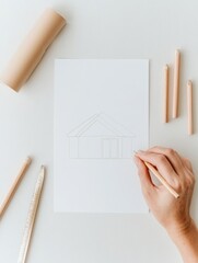 Poster - Minimalist Startup Blueprint Hands Crafting Architectural Sketches on Paper with Wooden Tools - Design Strategy for Innovative Prototype Development in Creative Industries