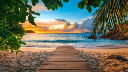 Wall Mural - Wooden walkway leads to tranquil beach sunset.