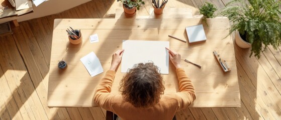 Fototapete - Scandi-Chic Workspace Woman Engaging with Graphics Tablet in a Plant-Adorned Studio - Creative Collaboration Content and Remote Design Workflows for Modern Digital Industries