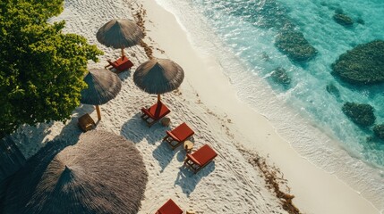 Sticker - Aerial view of a serene beach with thatched umbrellas and lounge chairs by crystal-clear water