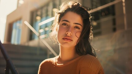 Confident young woman in casual attire enjoying natural sunlight