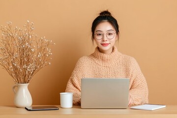 Fototapete - Tranquil Remote Learning Hub Asian Woman, 25, Embracing EdTech at Wooden Desk with Laptop and Coffee - Modern Education Tools and Consumer Tech Experiences