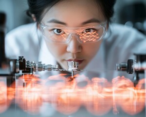 Leinwandbilder - Futuristic Optics Calibration Asian Female Scientist Aligns High-Precision Lasers on Glass Surface - Quantum Physics Visualization for Tech Innovation and Research Advancements
