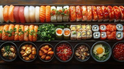 Canvas Print - A vibrant sushi platter featuring assorted sushi rolls and sashimi, garnished with green onions, in a rustic setting