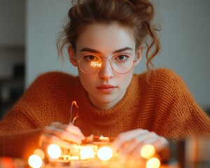 Fototapete - Modern Home Innovation Young Woman in Cozy Workspace Builds Smart Lamp with Arduino - Tech DIY for Smart Home Solutions and Creative Automation Design