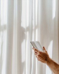 Aufkleber - Modern Smart Home Automation Programming Automatic Curtains with Tablet in Sunlit Room - DIY Technology for Contemporary Living Spaces and Connected Home Solutions