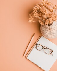 Aufkleber - Contemporary Minimalist Workspace Textured Notebook and Pen with Glasses on Peach Surface - Professional Organization and Branding for Modern Business Efficiency