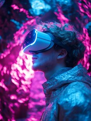 Fototapete - Neon Futurism Young Man in Reflective Metallic Jacket Engaged in VR Immersion - Dynamic Visuals for Tech Marketing and Digital Experience Innovation