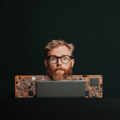 Aufkleber - Industrial Tech Vibes Bearded Programmer with Coding Laptop and Circuits in Modern Workspace - Tech Industry Branding and Problem-Solving Imagery for Innovative Solutions
