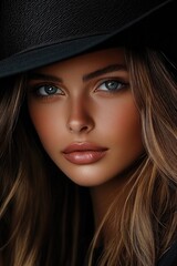 Wall Mural - Fashion model wearing black hat posing with long brown hair and tanned skin