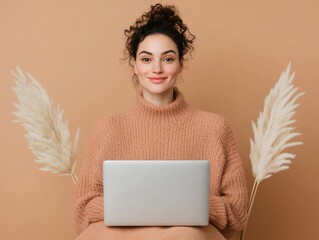 Poster - Contemporary Boho Workspace Woman in Cozy Knit with Laptop Against Earthy Tones - Modern Freelance Professional Content and Creative Digital Marketing Spaces