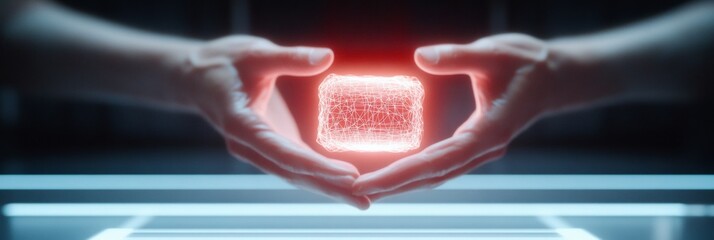 Aufkleber - Futuristic Holographic Interface Hands with Digital Cube in Neon Glow - Commercial IT Innovation and Advanced Cloud Storage Marketing for Tech-Driven Solutions