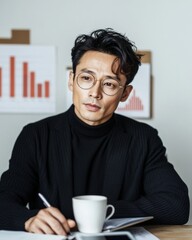Fototapete - Modern Financial Serenity Young Asian Professional Analyzing Vibrant Digital Investment Charts - Stylish Workspace Essentials for Innovative Money Management Insights