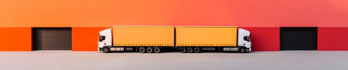 Poster - Contemporary Logistics Aesthetics Sleek Orange Warehousing with Parked Trucks - Transport Innovation for Efficient Shipping and Fleet Management Solutions