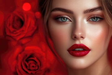 Poster - Elegant Woman with Bold Red Lips and Roses