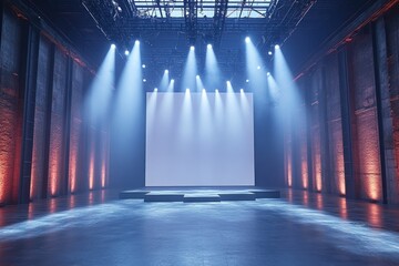 Poster - Modern Minimalistic Stage Design with Blank Screen in High-Tech Exhibition Hall