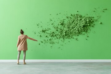 Aufkleber - Minimalist Contemporary Art Installation Vibrant Green Matcha Powder on Textured Wall for Innovative Office Decor and Engaging Marketing Spaces