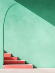Aufkleber - Minimalist Architectural Graphic Coral Steps and Teal Wall for Modern Sports Venue Design - Contemporary Urban Planning and Aesthetic Innovation