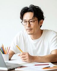 Aufkleber - Analog-Digital Synergy Young Asian Designer Sketching Website Wireframe with Pencil - Handcrafted UI and Creative Coding for Innovative Tech Projects
