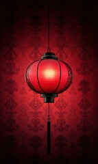 Wall Mural - Red lantern hanging on a dark red background with a black Chinese-inspired pattern, high resolution, high quality