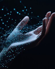 Poster - Futuristic Hand Network Art Digital Mesh Geometry and Glowing Nodes - Cyber Aesthetics for Tech Marketing and Neural Data Systems in Innovative Industries