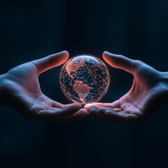 Leinwandbilder - Futuristic Global Networking Virtual Reality Glove and Bare Hand with Holographic Globe - Tech Innovation for Enhanced Remote Collaboration and Sustainability in Digital Business Models