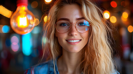 Wall Mural - Young woman with glasses smiling in a vibrant cafe setting