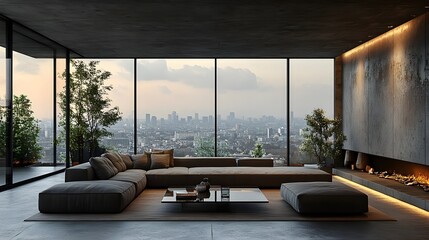 Canvas Print - A modern living room with a minimalist gray sofa, a sleek glass coffee table, and large floor-to-ceiling windows overlooking a cityscape.