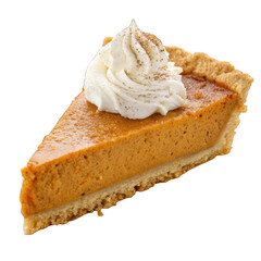 Pumpkin pie slice with whipped cream on transparent background