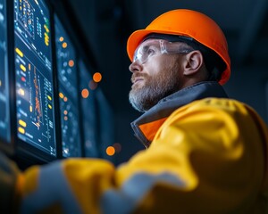 Poster - Industrial Surveillance Elegance High-Tech Control Room Screens with Hazard Detection - Smart Safety Application in Modern Industry for Enhanced Worker Protection