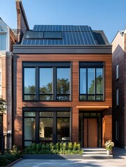 Wall Mural - A modern townhouse with a minimalist design, bold vertical windows, and rooftop solar panels.