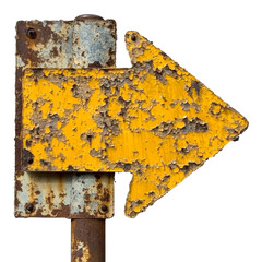 Poster - A close-up image shows a rusty, weathered yellow arrow sign mounted on an old metal post. The paint is heavily chipped and peeled.