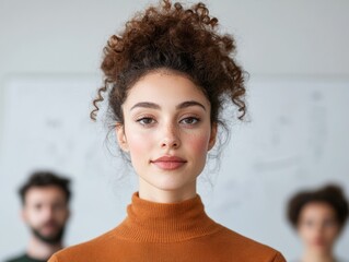 Aufkleber - Natural Curly Hair Focus in Modern Office Confident Young Woman Against Scribbled Whiteboard - Empowering Business Settings and Digital Marketing Imagery