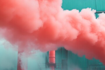 Aufkleber - Vibrant Industrial Aesthetic Bold Red Smoke Clouds from Factory Chimneys Contrasting Green Building Environmental Impact and Sustainable Awareness for Modern Marketing
