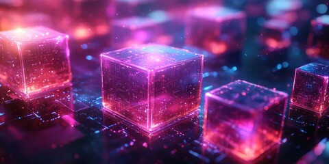 Futuristic Abstract Composition with Neon Illuminated Cubes in Cyberpunk Style