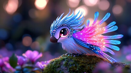 Canvas Print - Enchanted Forest Bird A Dreamlike Digital Painting of a Cute, Glowing Fantasy Creature