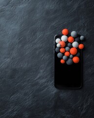 Poster - Modern Connectivity Aesthetic Smartphone with Dynamic Social Media Icons on Sleek Black Slate - Tech Innovation for Digital Presence and Marketing Excellence