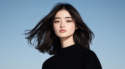 Portrait of a Young Woman with Windblown Hair Against a Clear Blue Sky