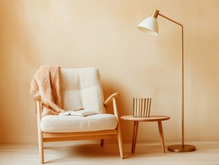 Poster - Cozy Minimalist Reading Nook Soft-Textured Armchair and Warm Lighting with Wooden Table - Enhancing Home Office Wellness and Personal Development Spaces
