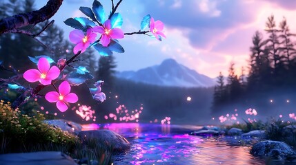 Canvas Print - Enchanted Forest River at Dusk with Glowing Flowers