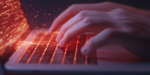 Fototapete - Futuristic Cybersecurity Visual Holographic Data Encryption with Typing Hands on Laptop - Secure Communication Software Promotion for Tech-Savvy Digital Workspaces