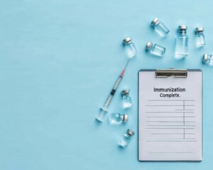 Aufkleber - Contemporary Healthcare Flat Lay Vaccine Vials, Syringe and Checklist on White Table with Clinical Blue Lighting - Modern Medical Campaign and Digital Collaboration Strategy