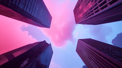 Aufkleber - Futuristic Urban Connectivity Vibrant Steel Skyscrapers with Neon Cloudscape - Smart City Tech Visualization for Advanced Urban Planning and Commercial Innovation