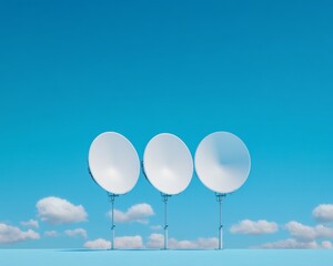 Leinwandbilder - Minimalist Tech Aesthetic Trio of Satellite Dishes Against Cloudscape - Weather Monitoring Equipment for Professional Meteorology and Educational Content Creation
