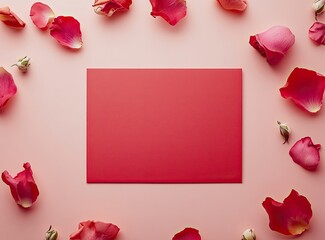 Wall Mural - Top view of an empty red card with a pink color background, scattered rose petals and flower heads around the edges,