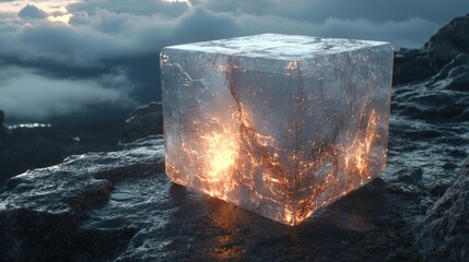 Wall Mural - luminous crystal cube on volcanic peak